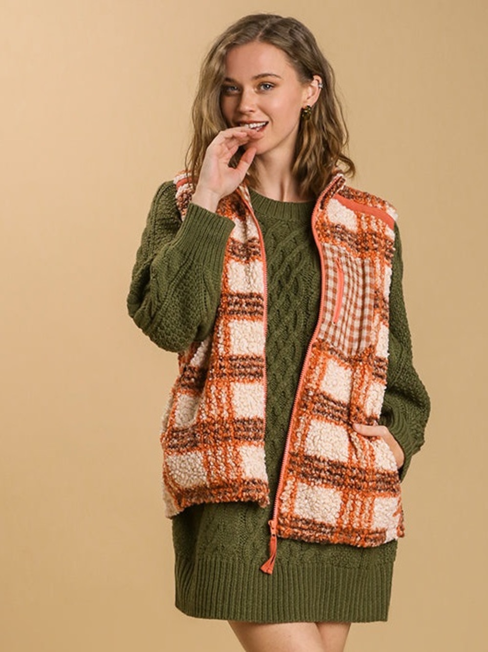 Umgee Orange and Cream Plaid Sherpa Vest